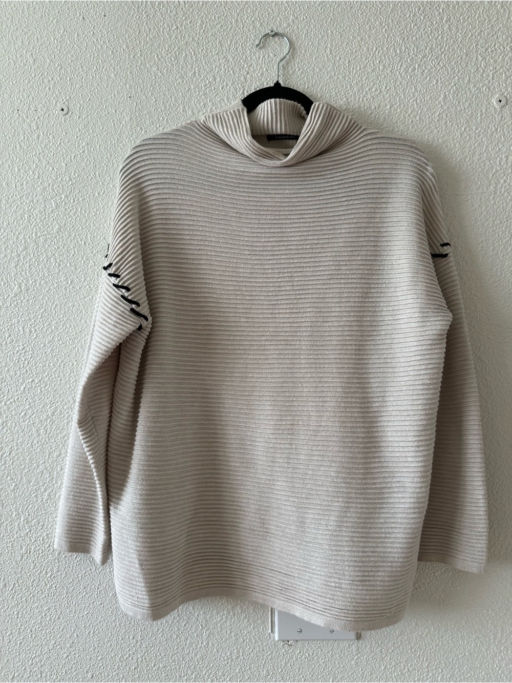 Tahari Cream Ribbed Turtleneck Sweater with Black Stitch Detail